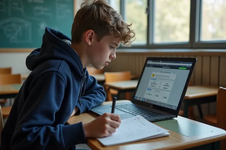 Adolescent révisant l'examen ASSR sur un ordinateur portable dans une salle de classe, quiz de sécurité routière à l'écran