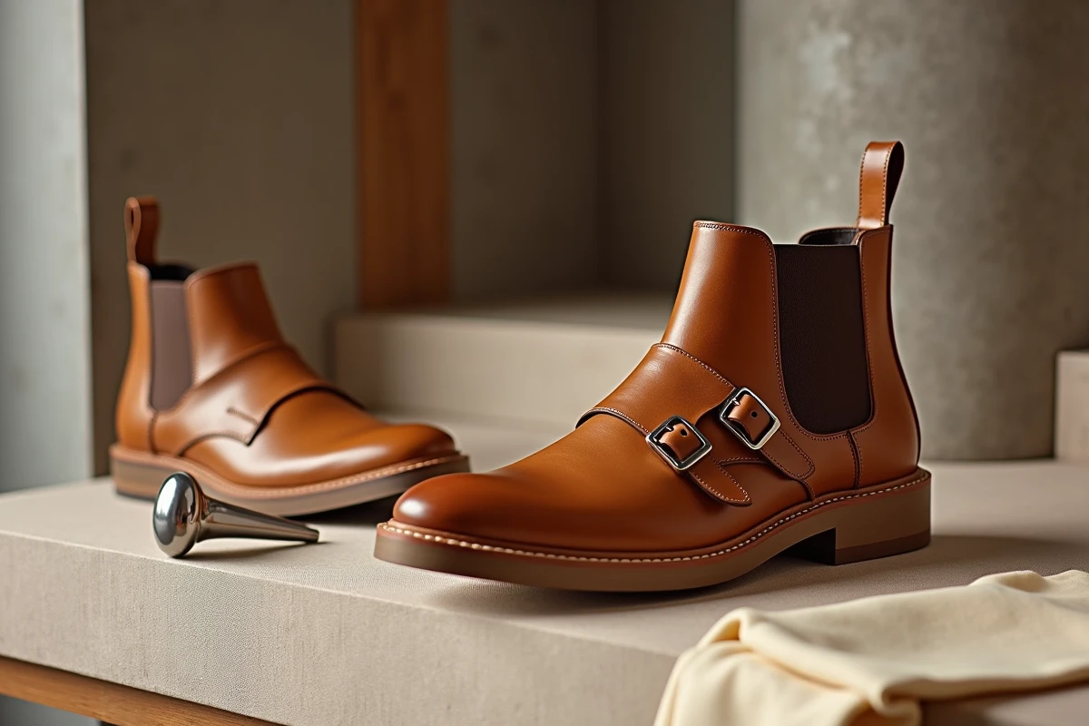 Deux paires de chaussures habillées haut de gamme pour homme, mocassins monk-strap et Chelsea boots cognac, sur présentoir en bois dans une boutique de luxe