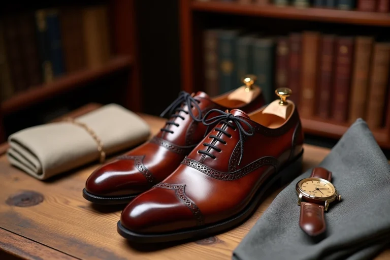 Chaussures oxford artisanales en cuir acajou poli avec détails brogues sur surface en chêne brut dans un bureau élégant