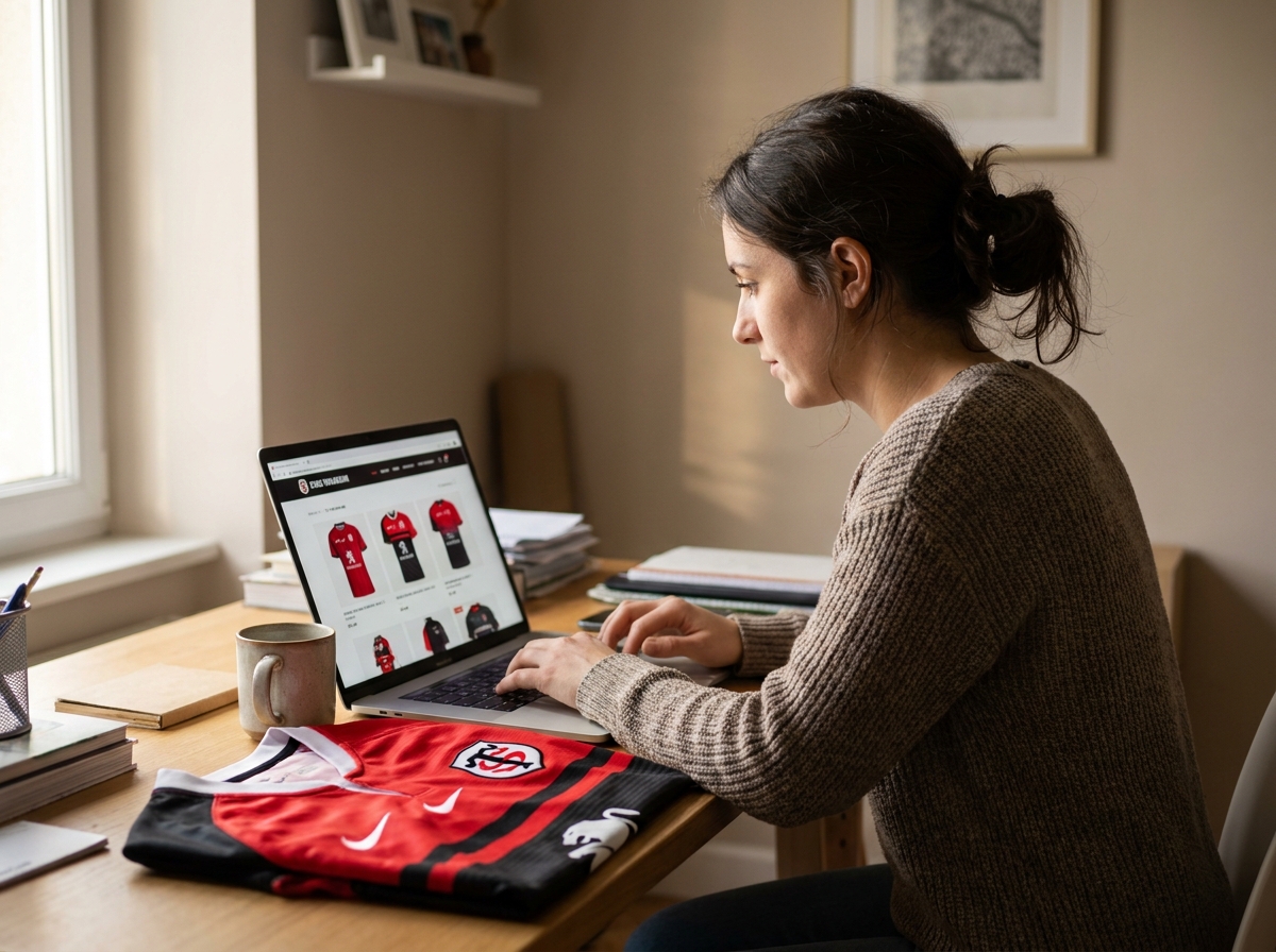 Une femme recherche et compare des maillots du Stade Toulousain en ligne depuis son bureau à domicile, un maillot rouge posé à côté de son ordinateur