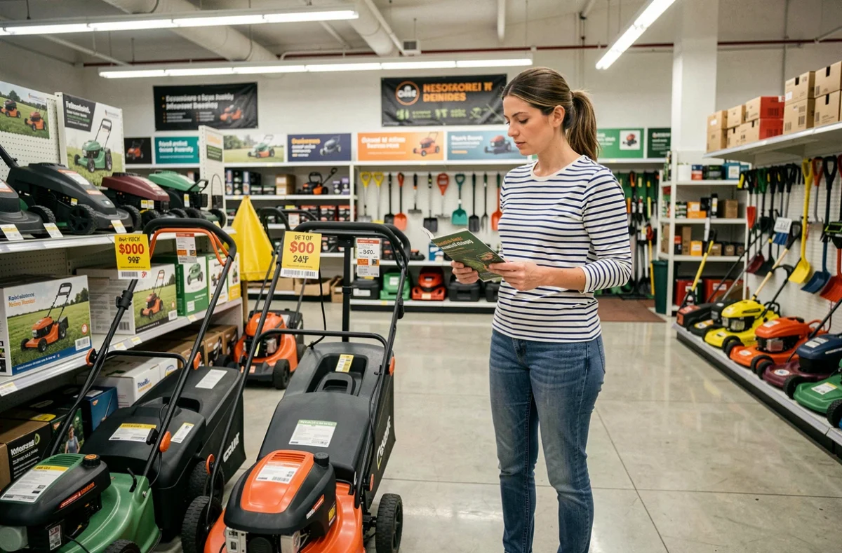 Femme comparant deux tondeuses électriques en magasin de jardinage avec étiquettes de prix