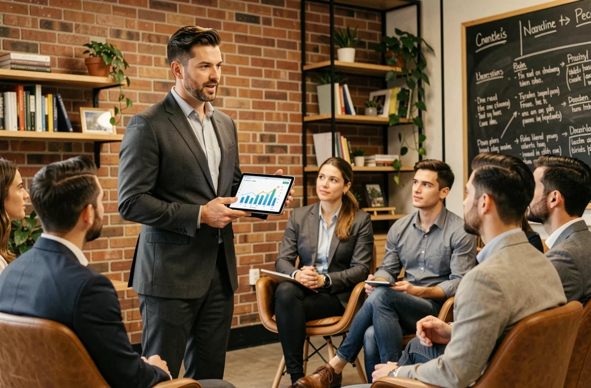 Consultant professionnel présentant une stratégie de croissance d'entreprise sur tablette dans un espace de coworking moderne