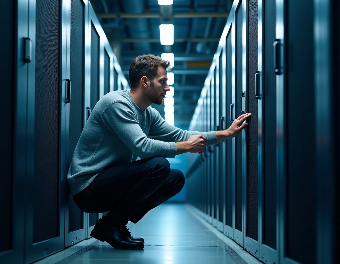 Consultant informatique inspectant des serveurs dans un centre de données pour optimiser les performances de l'entreprise