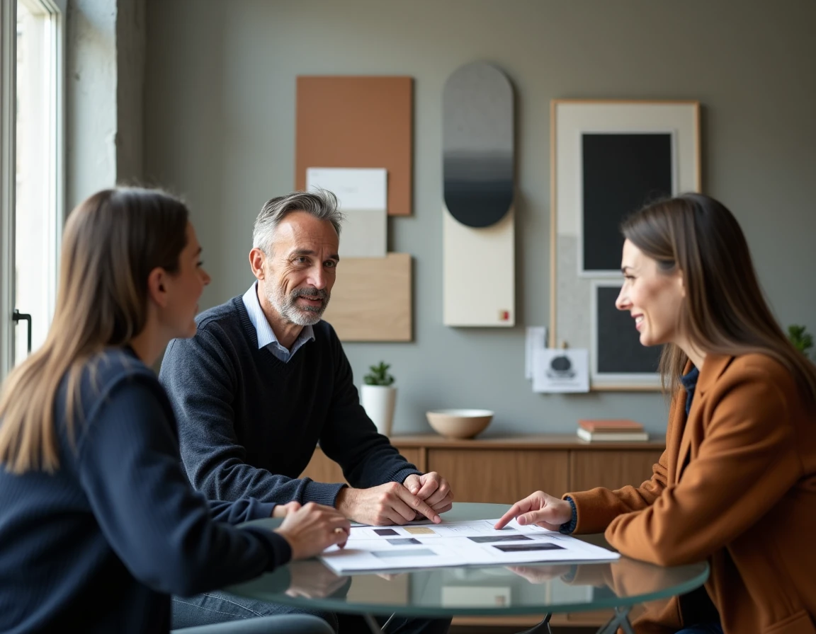 Réunion de consultation entre clients et une agence d'aménagement intérieur à Rennes autour de planches d'inspiration