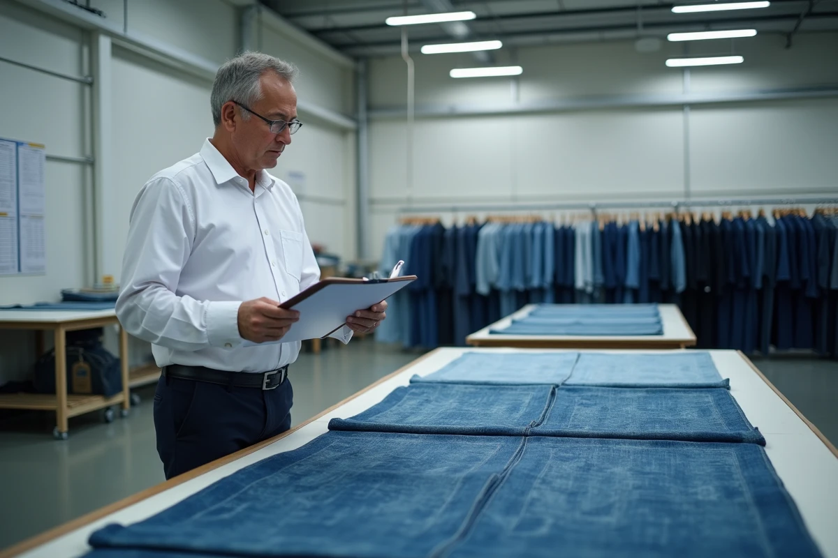 Responsable qualité vérifiant des coupes de denim dans une usine de confection Tommy Hilfiger au Vietnam