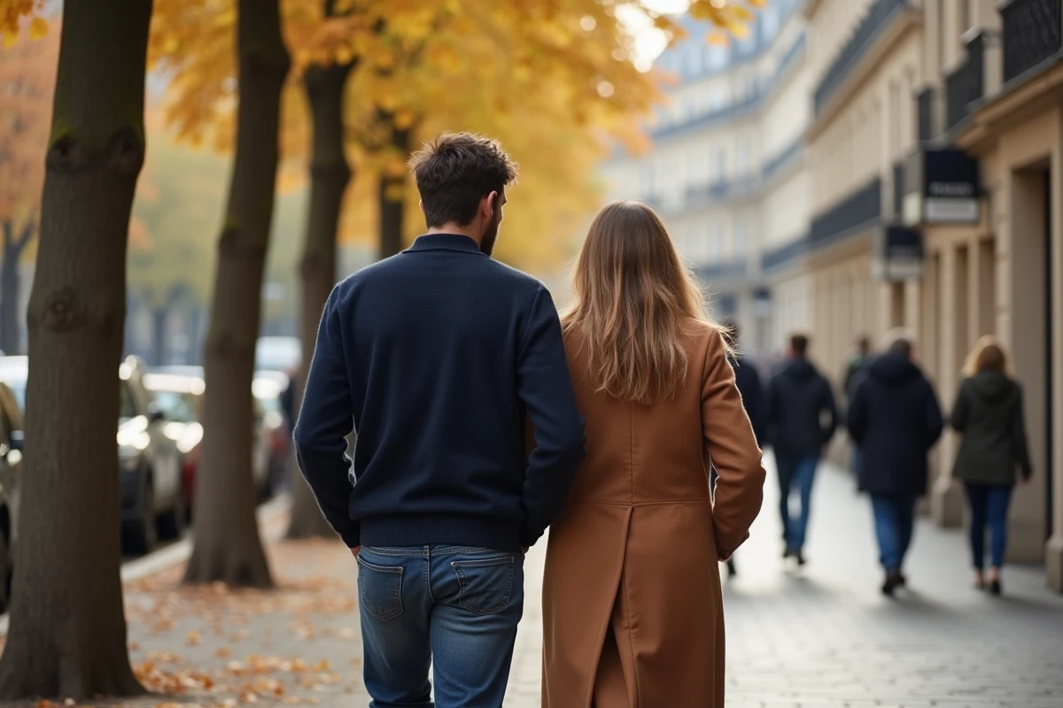 Couple se promenant dans une rue parisienne en automne, ambiance candide et naturelle