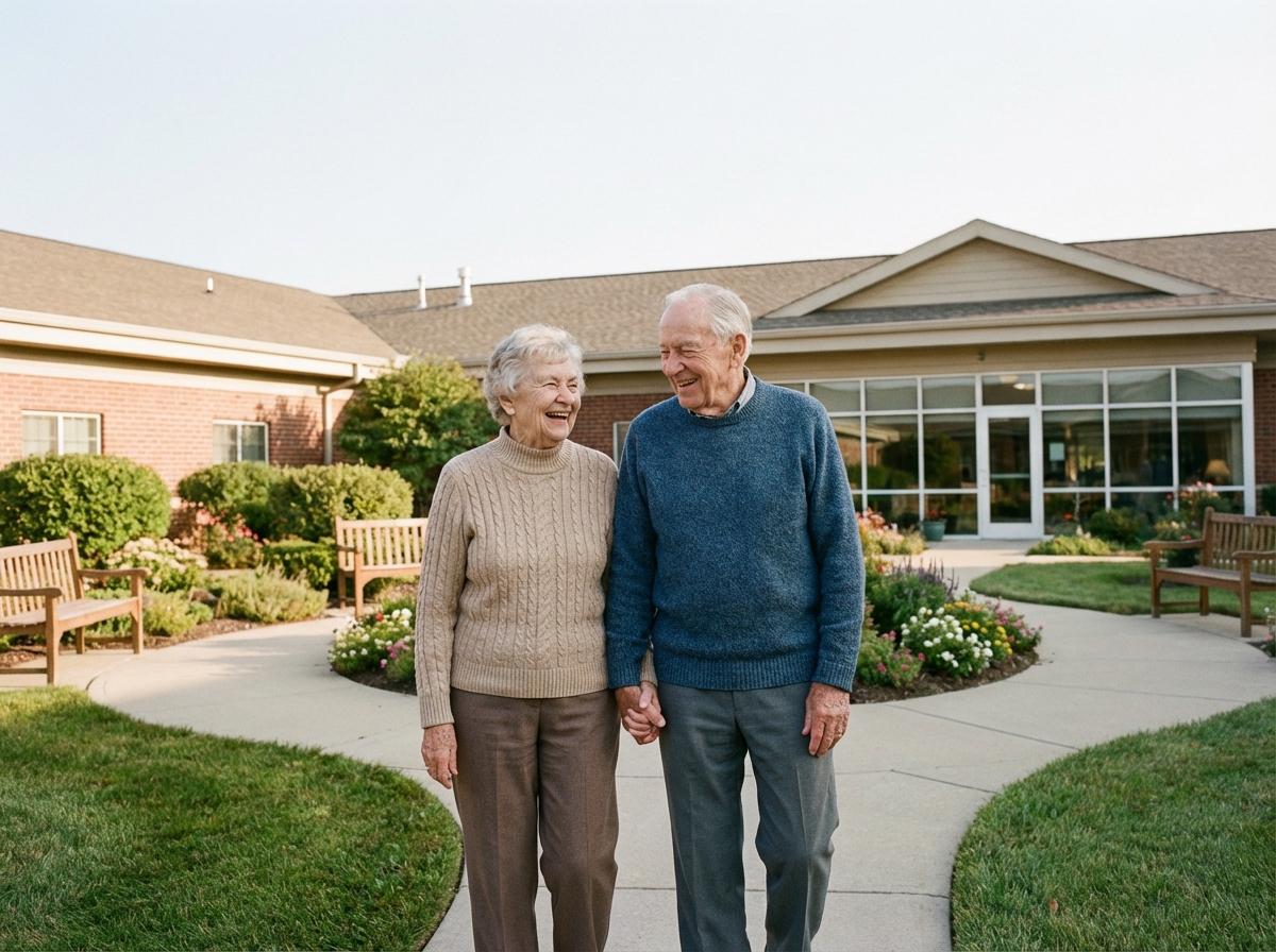 Couple senior se promenant main dans la main dans un jardin