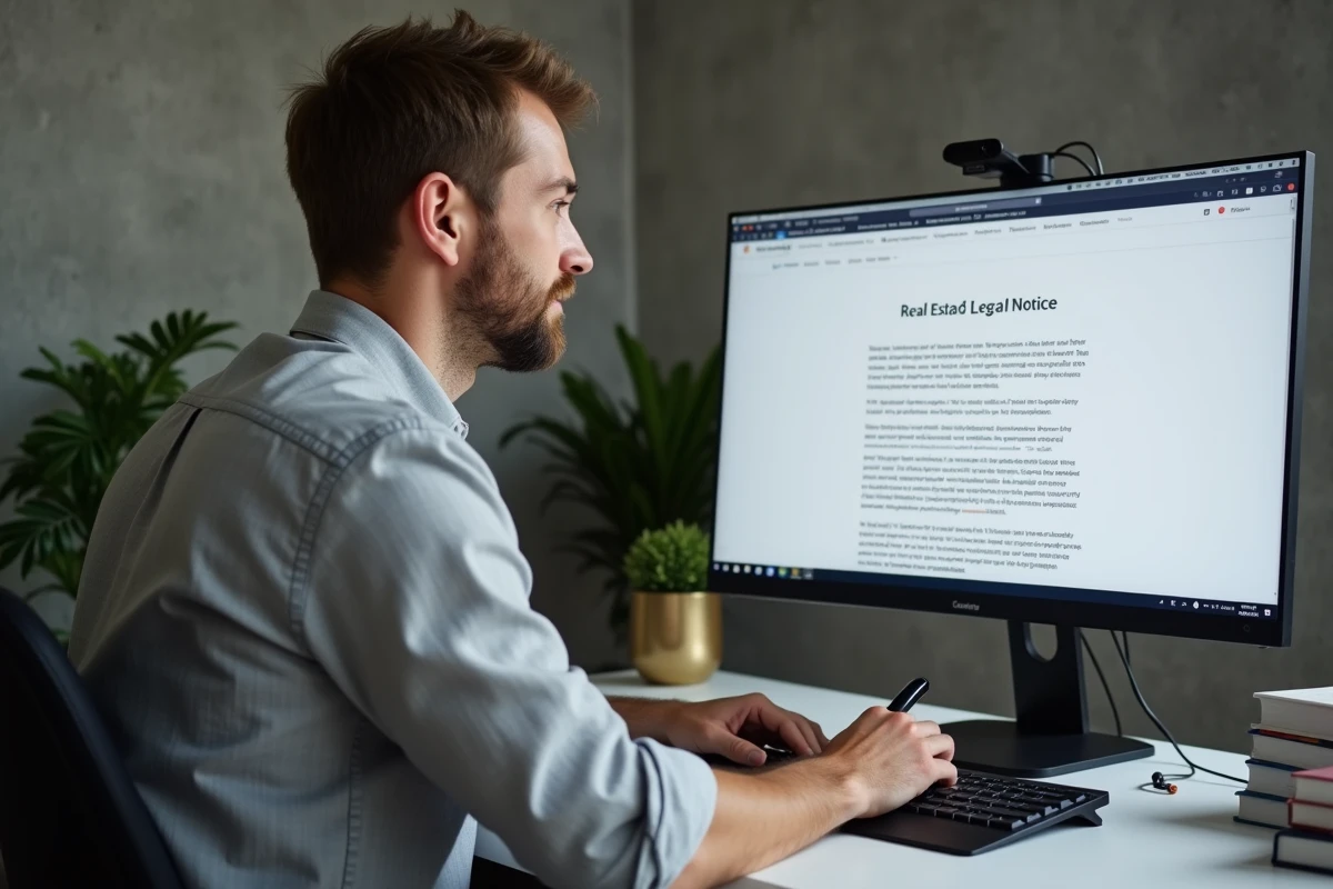Agent immobilier indépendant configurant les mentions légales obligatoires de son site web depuis son bureau à domicile