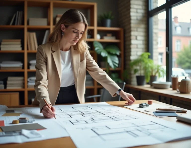 Designer d'intérieur professionnelle consultant des plans d'aménagement sur mesure dans un studio moderne à Rennes