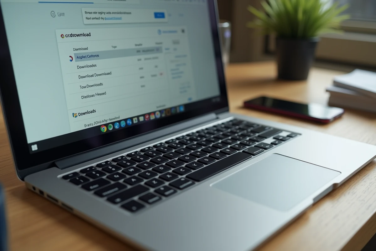 Écran d'ordinateur portable affichant un fichier CRDOWNLOAD en cours de téléchargement dans Google Chrome