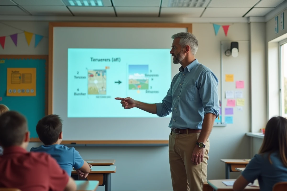 Enseignant présentant un cours de sécurité routière ASSR sur un tableau interactif en salle de classe