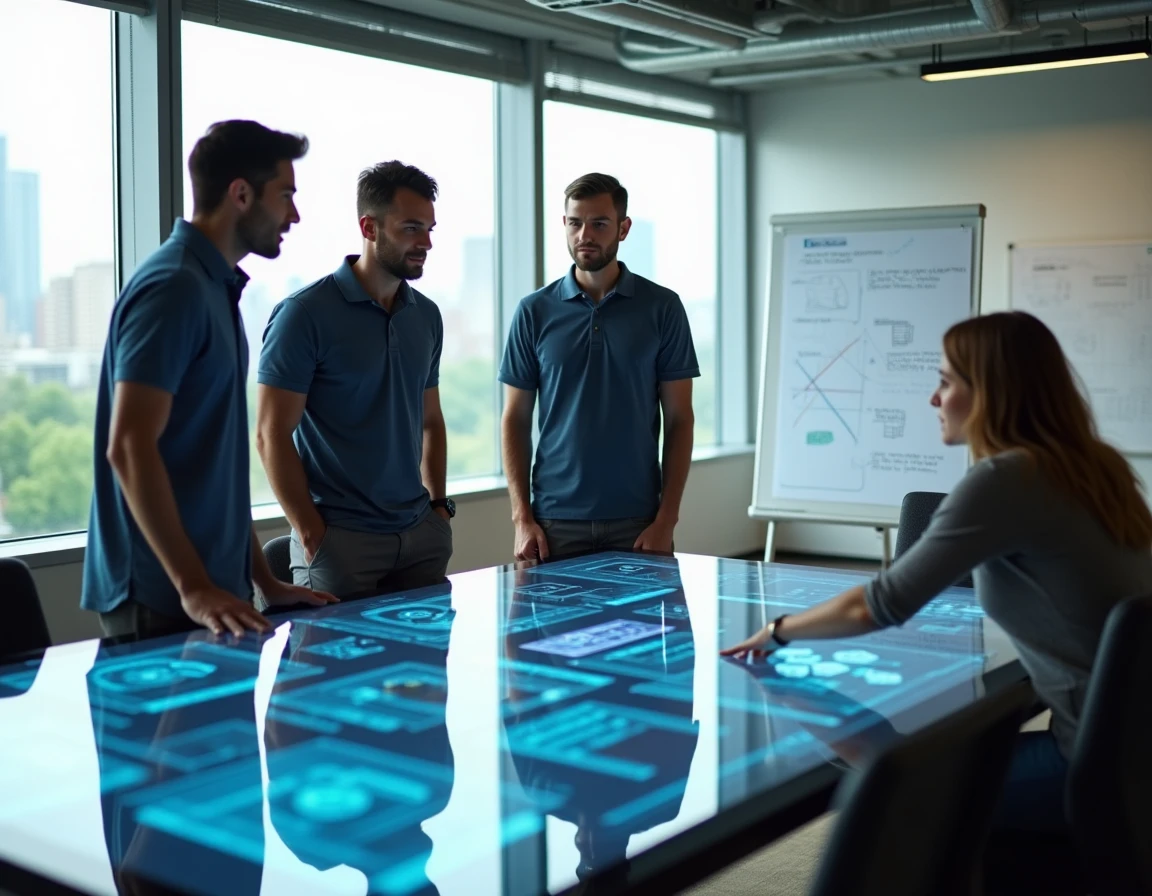 Équipe informatique analysant des solutions technologiques performantes autour d'une table tactile en salle de réunion