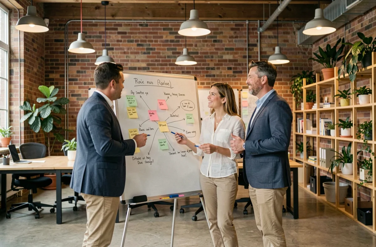 Équipe de professionnels collaborant autour d'un tableau blanc dans un espace de co-working moderne, symbolisant les nouvelles stratégies d'entreprise