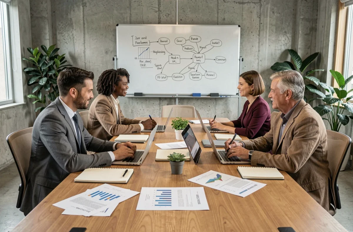 Équipe professionnelle diversifiée en réunion de stratégie autour d'une table de conférence dans un bureau contemporain