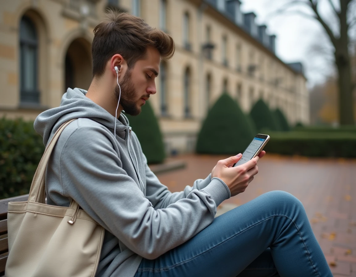 Étudiant de l'IUT d'Angers vérifiant son emploi du temps sur smartphone dans la cour du campus
