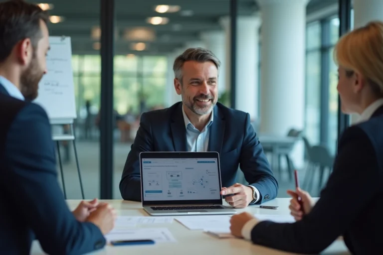 Consultant informatique présentant une solution d'externalisation IT à des dirigeants d'entreprise en salle de réunion