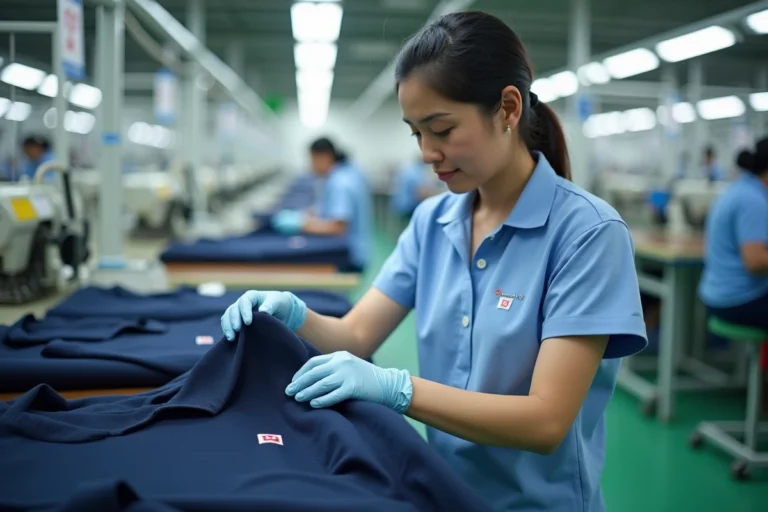 Ouvrière textile inspectant un polo Tommy Hilfiger dans une usine de fabrication au Bangladesh