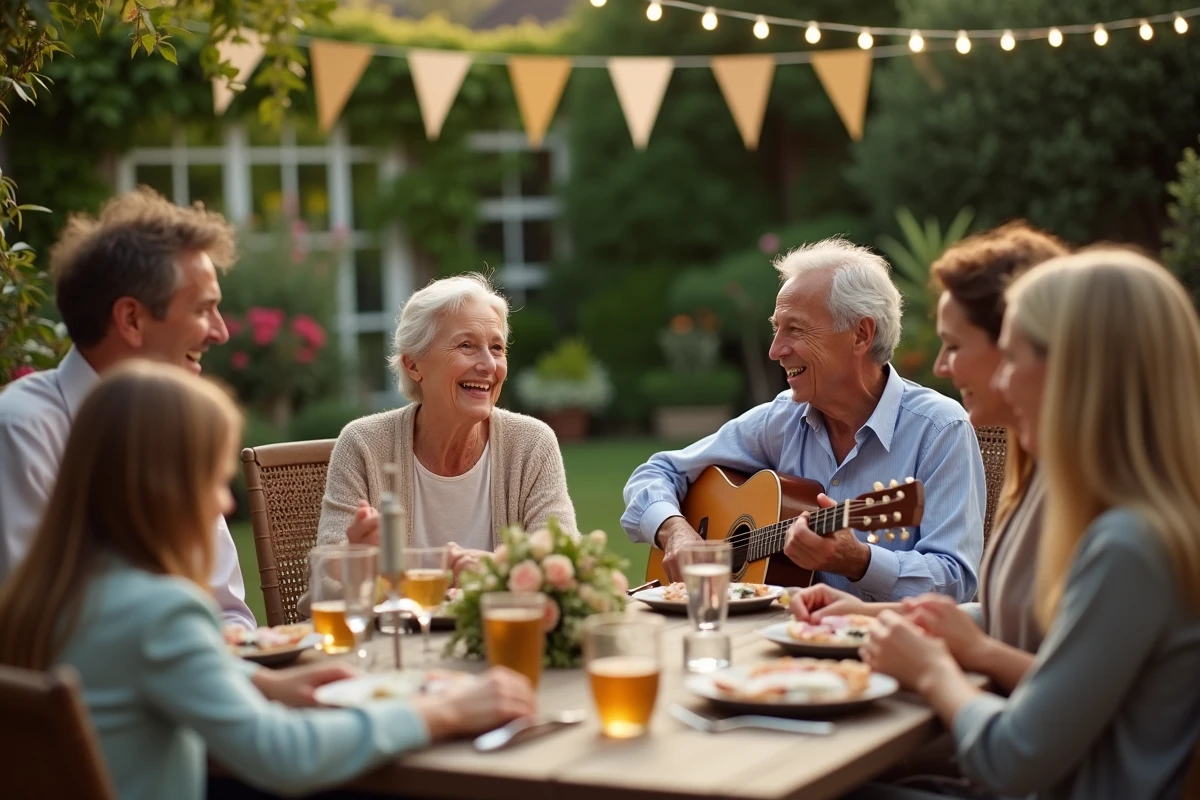Famille multigenerations chantant dans un jardin fleuri