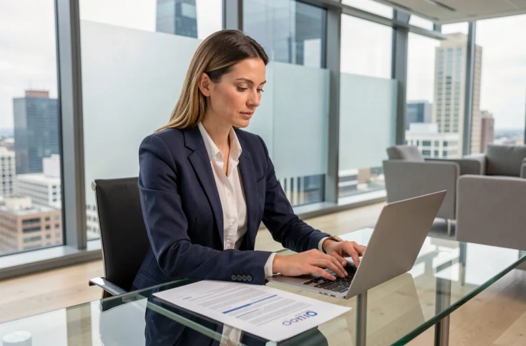 Femme d'affaires professionnelle analysant des rapports dans un bureau moderne avec vue sur la ville, illustrant les tendances du business contemporain