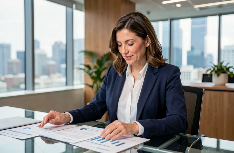 Femme d'affaires professionnelle en blazer marine analysant des documents de stratégie dans un bureau moderne avec vue sur la ville