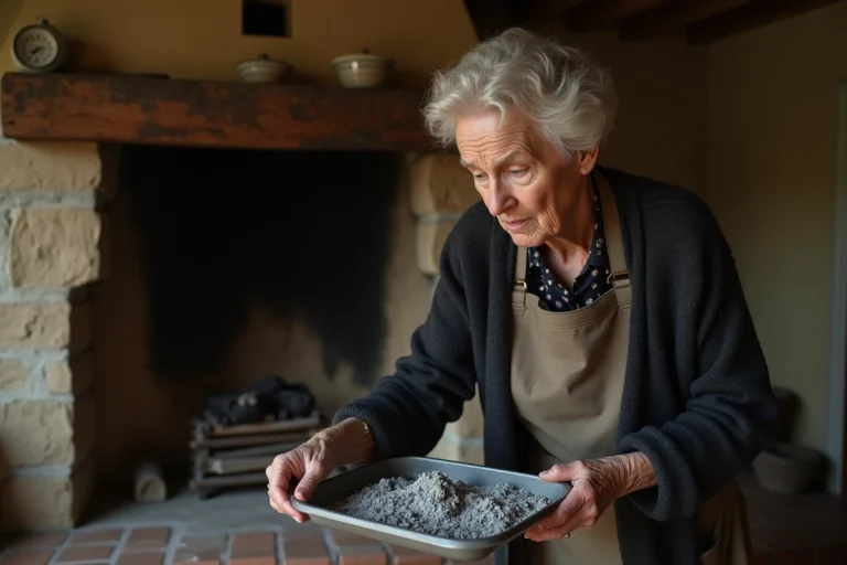 Femme âgée tenant une pelle à cendres près d'une cheminée rustique, expression hésitante liée à la superstition