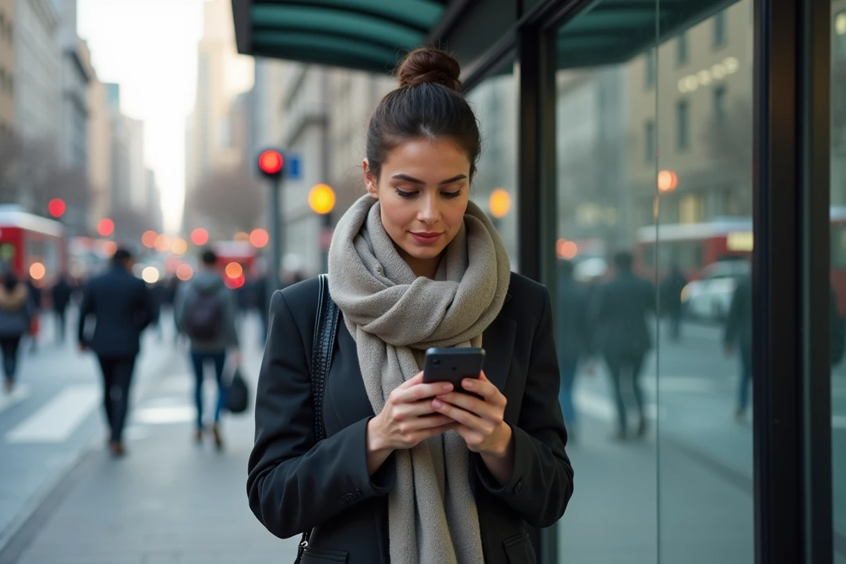 Jeune femme regardant son smartphone dans la ville