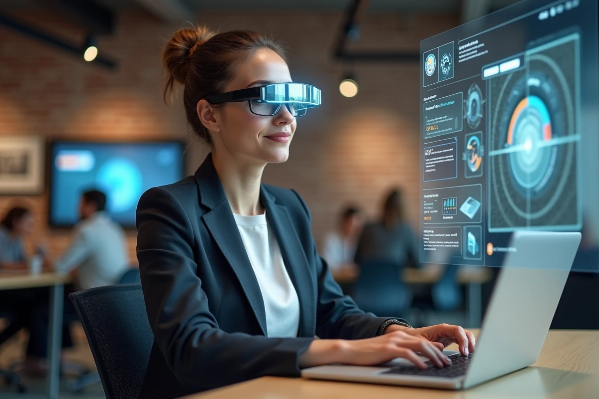 Jeune femme IT utilisant la réalité augmentee au coworking