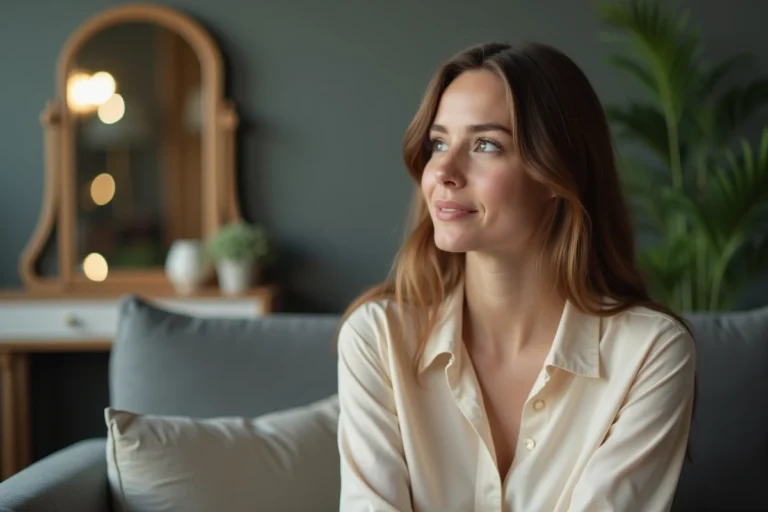 Femme aux cheveux bruns assise dans une loge de télévision, regard pensif, ambiance éditoriale