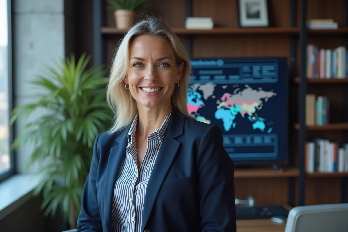Femme stratège marketing devant un écran de données
