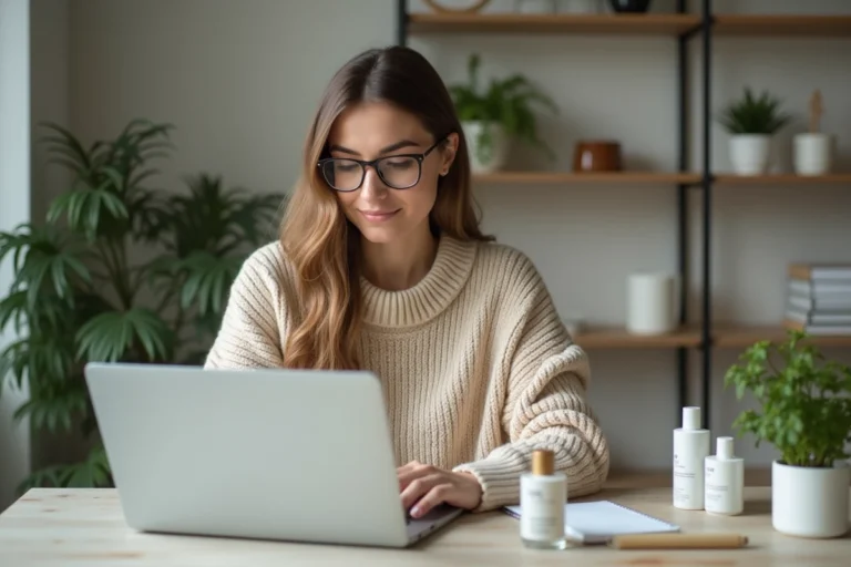 Femme moderne utilisant son ordinateur pour des soins de peau