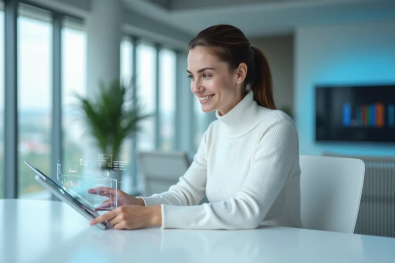 Femme professionnelle utilisant une tablette tactile avec interface tech innovante dans un bureau moderne