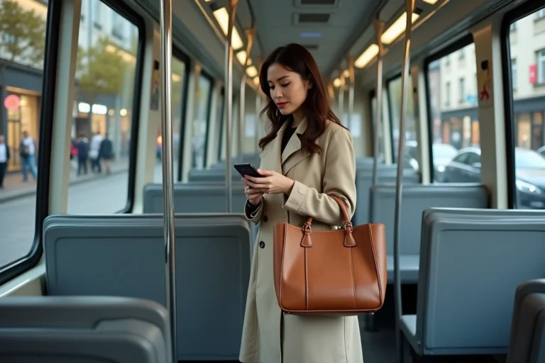 Femme en manteau beige montant dans un tramway moderne en ville pour ses déplacements quotidiens