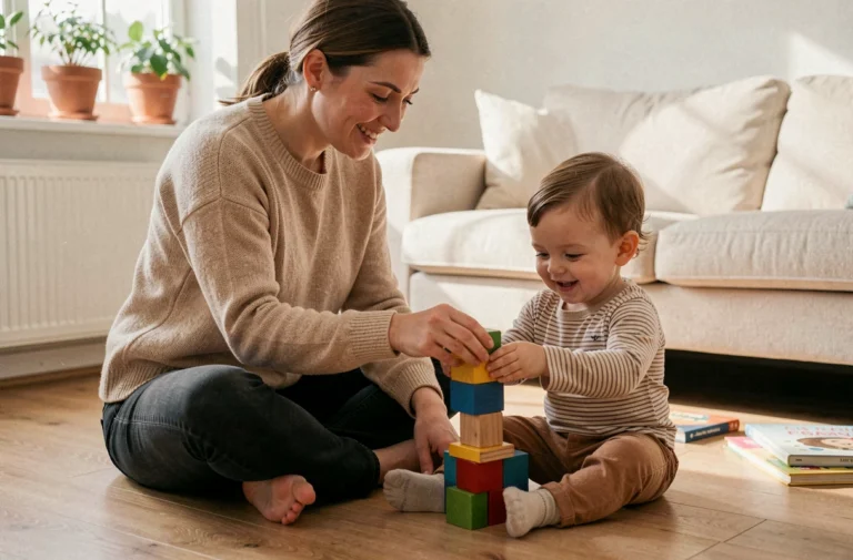Garde d'enfant à domicile : nounou attentive jouant avec un enfant en bas âge sur le sol d'un salon familial chaleureux