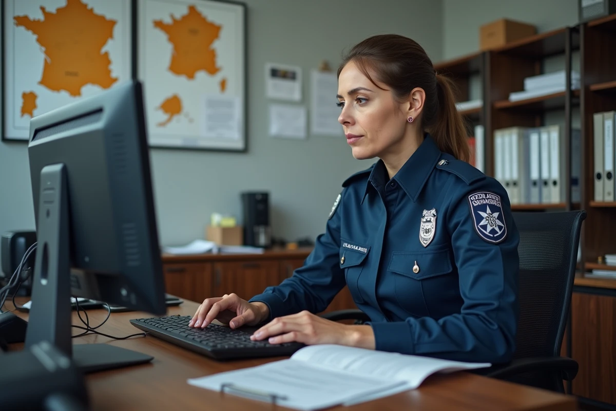 Gendarme féminine travaillant sur une demande de mutation dans un bureau administratif de la gendarmerie