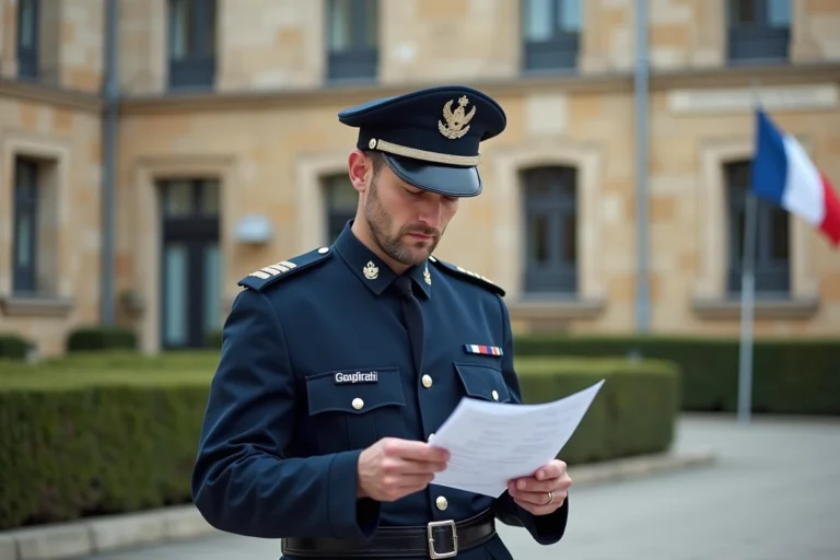 Gendarme en uniforme consultant des documents administratifs de mutation devant une caserne de gendarmerie