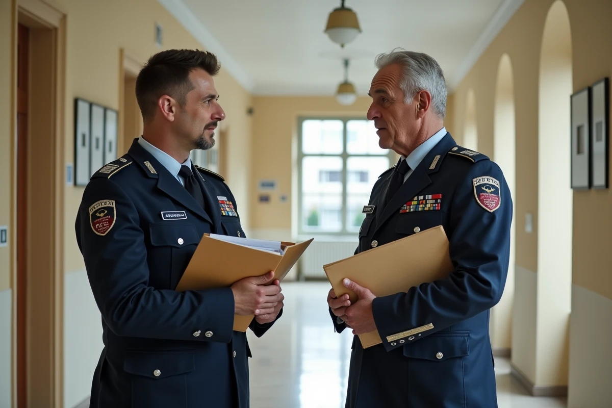 Deux gendarmes discutant d'un dossier de mutation dans le couloir d'une brigade de gendarmerie