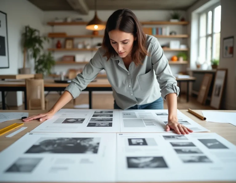 Graphiste professionnelle comparant des maquettes d'affiches publicitaires en formats standards sur une table de travail en studio