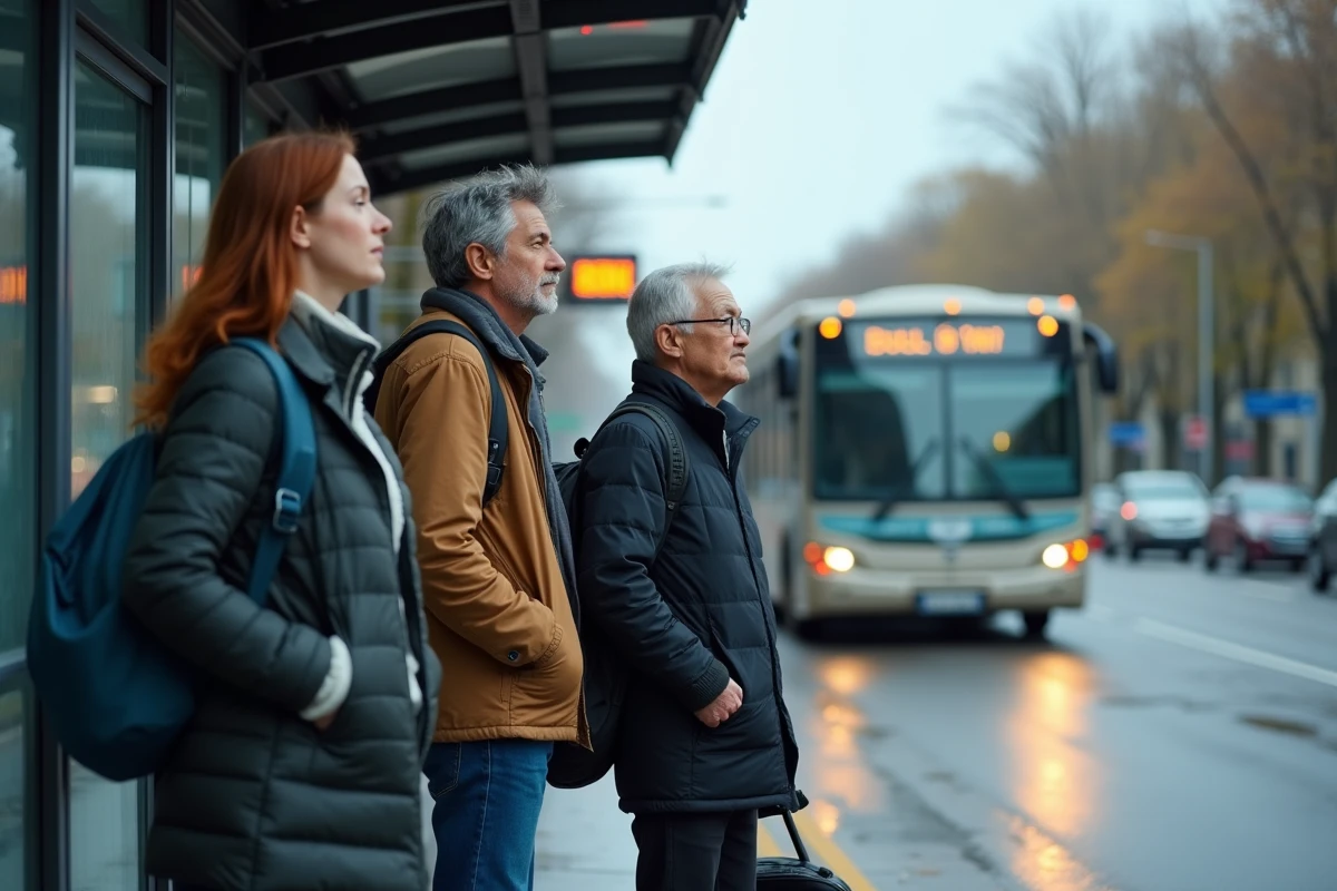 Groupe de navetteurs attendant le bus à un arrêt urbain moderne pour leurs déplacements adaptés en ville