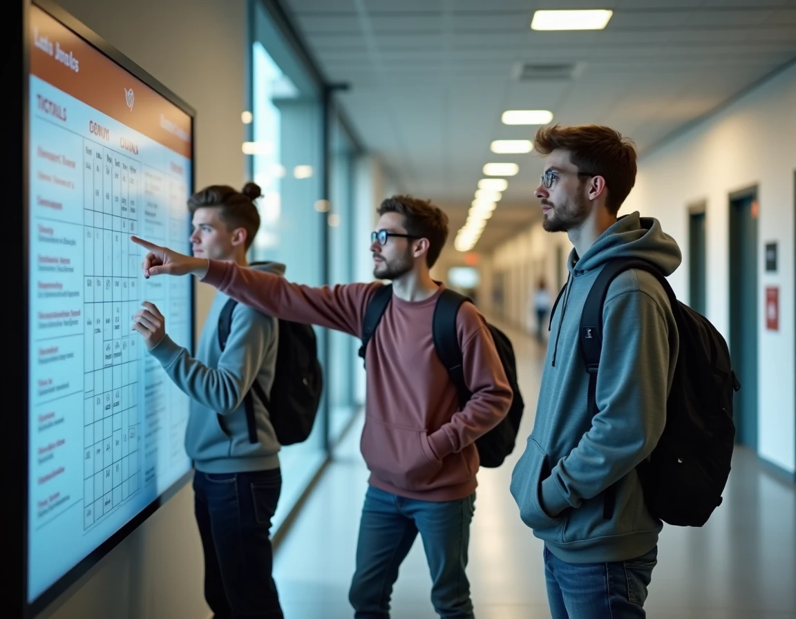 Groupe d'étudiants consultant l'emploi du temps affiché dans le couloir de l'IUT d'Angers
