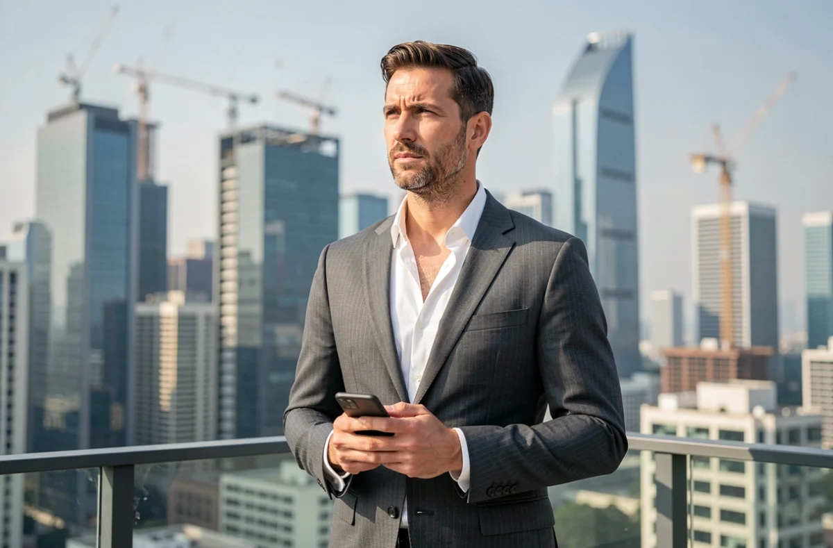 Homme d'affaires en costume debout sur une terrasse urbaine avec vue sur les gratte-ciels, évoquant la réussite et les nouvelles tendances du monde des affaires