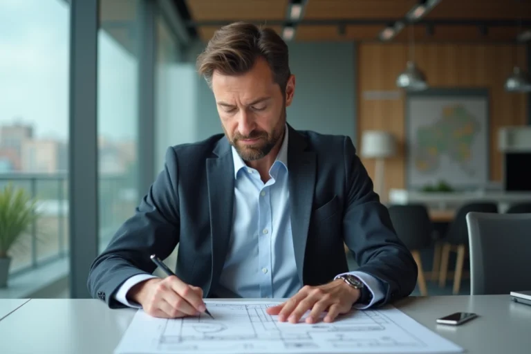 Homme d'âge moyen examinant des plans architecturaux dans un bureau moderne