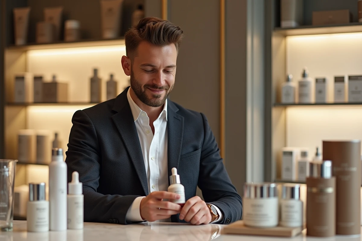 Homme examinant un serum dans une boutique de beauté élégante