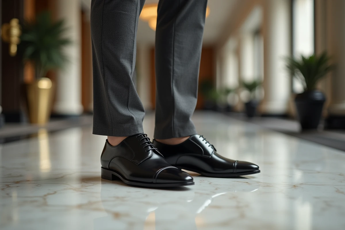 Homme élégant en pantalon de costume gris portant des derbies noirs vernis dans un hall d'hôtel de luxe contemporain