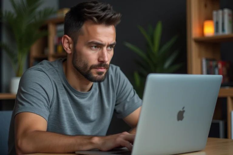 Homme confus devant son ordinateur portable tentant d'ouvrir un fichier CRDOWNLOAD en cours de téléchargement