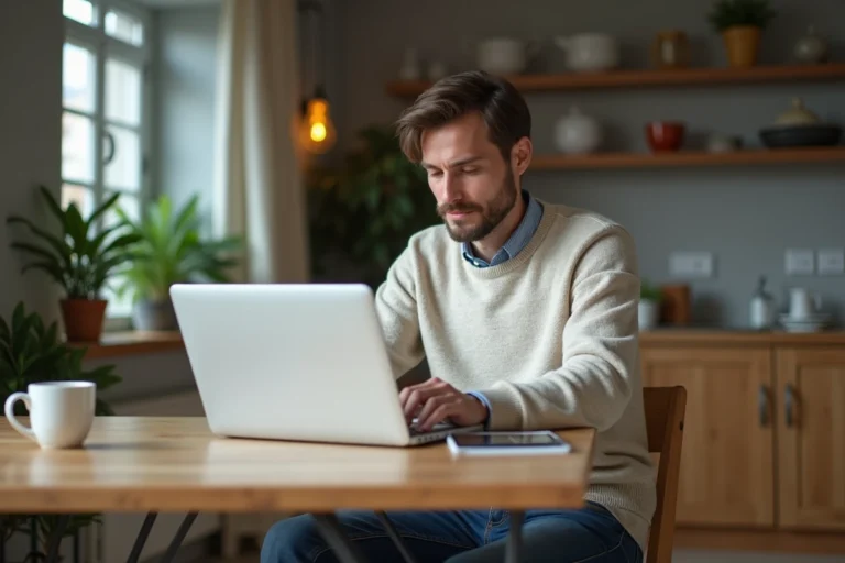 Homme lisant des actualites dans une cuisine moderne