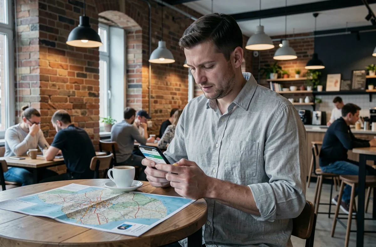 Homme consultant une plateforme de voyage ukrainienne sur smartphone dans un coworking de Lviv