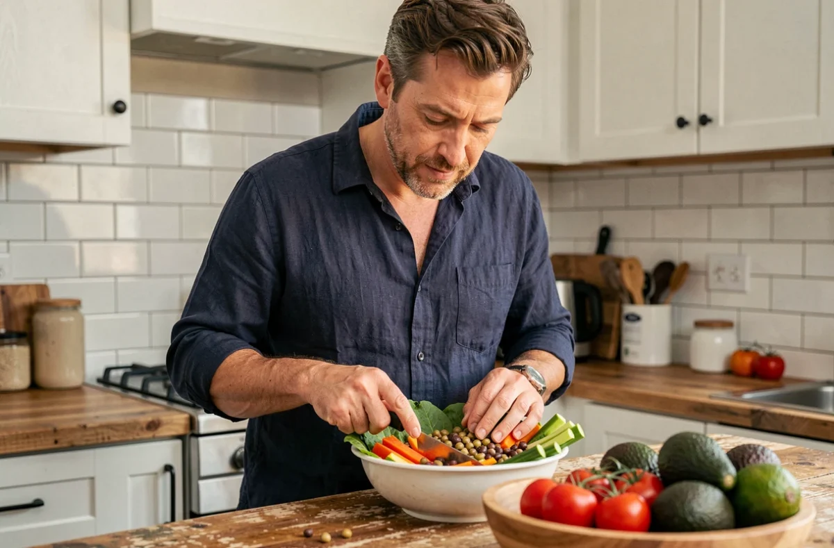Homme préparant un repas sain à base de légumes frais dans une cuisine moderne pour illustrer une alimentation équilibrée