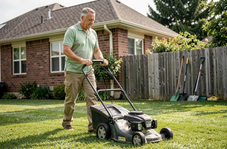 Homme utilisant une tondeuse électrique filaire dans un jardin de maison individuelle