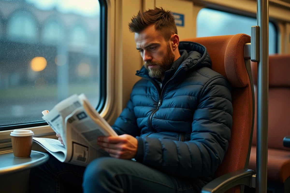 Homme lisant un journal dans un train de banlieue pendant son trajet quotidien domicile-travail