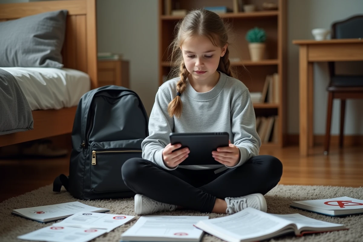 Jeune fille révisant le code de la route et les panneaux pour l'ASSR sur une tablette depuis sa chambre
